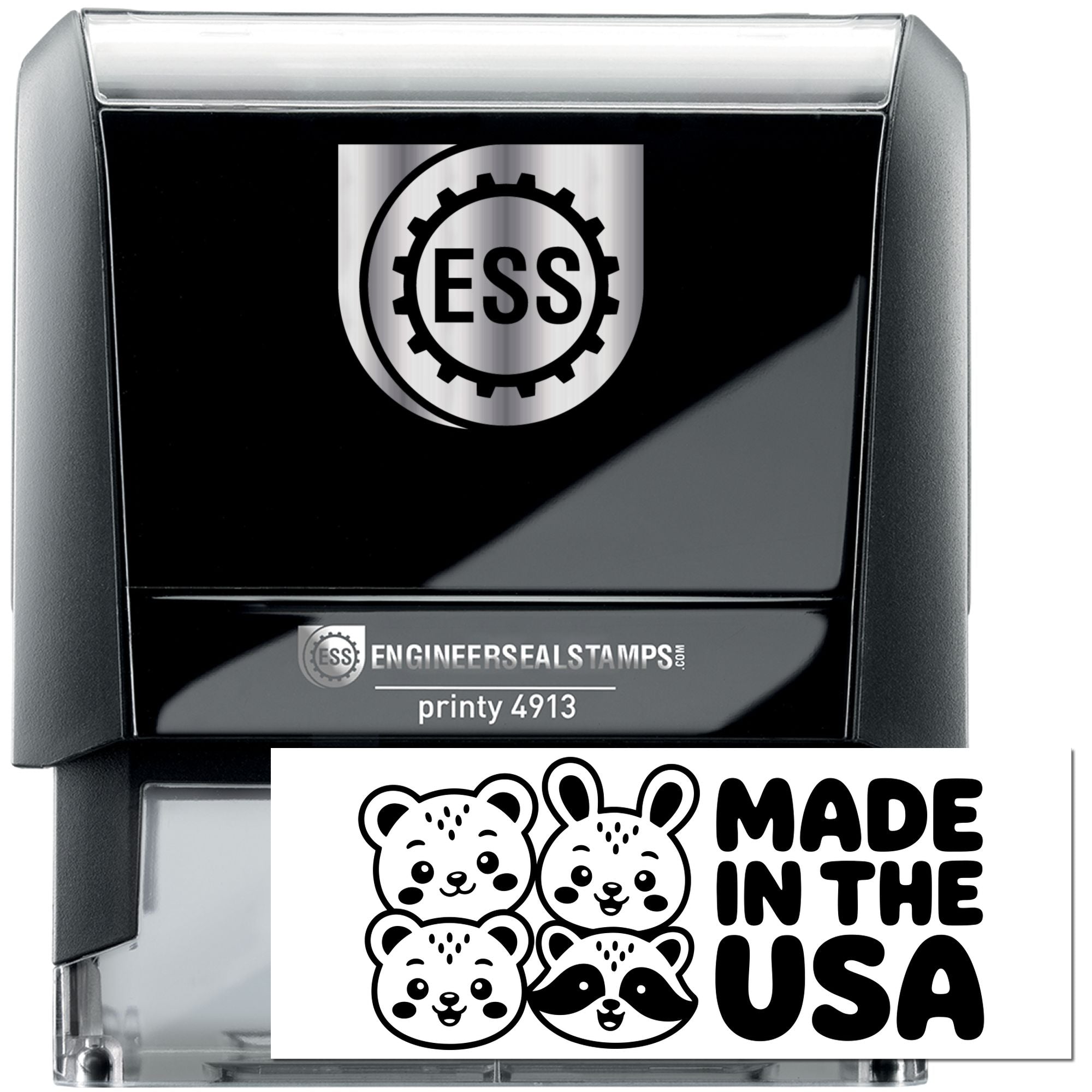 Black self-inking stamp with silver top, ESS engineer seal logo, and white Made in the USA seal card with animal icons
