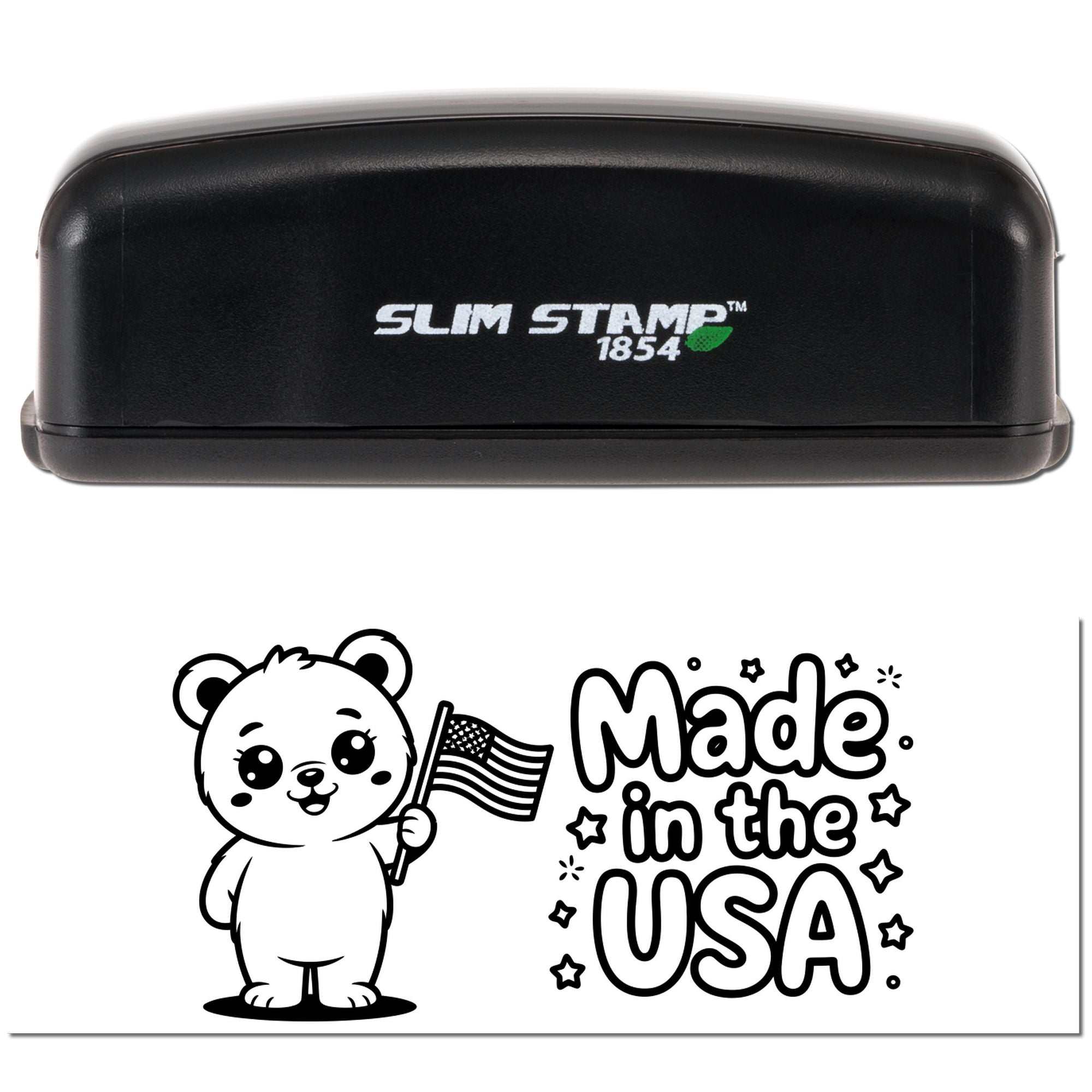 Black Slim Stamp 1854 stamp with a cute bear holding a U.S. flag and Made in the USA seal design.