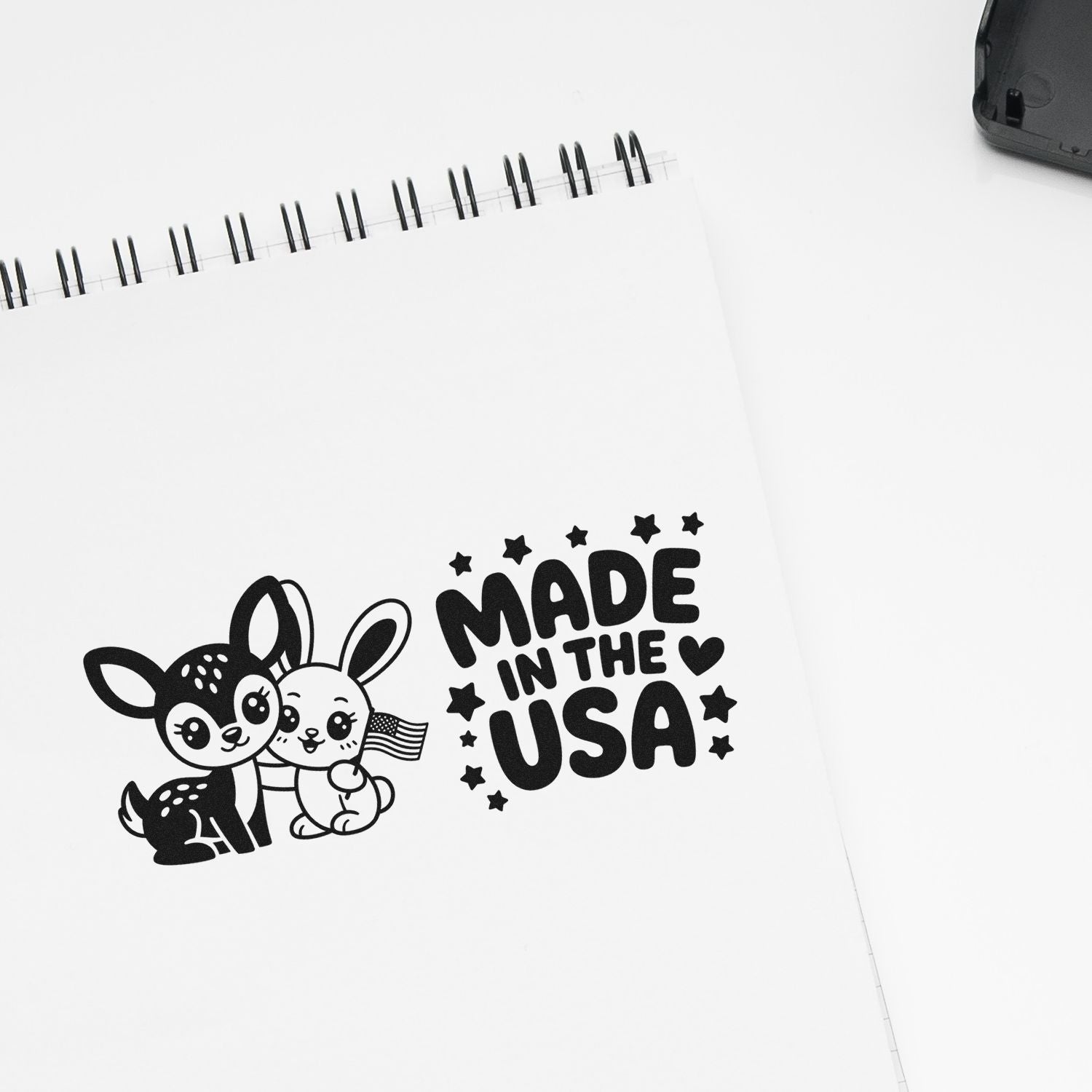 Black stamp and seal design reading Made in the USA with cute deer and rabbit on a white spiral notebook.