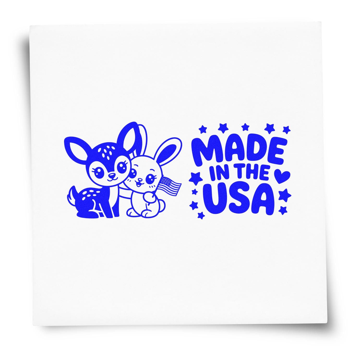 Blue stamp and seal design with deer and bunny, Made in the USA text, stars and heart on a white background.