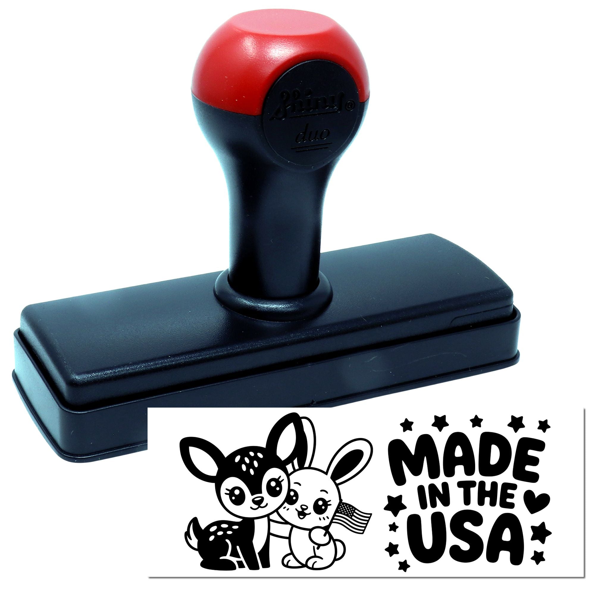 Red and black self-inking stamp with custom seal, showing deer and bunny and Made in the USA design.