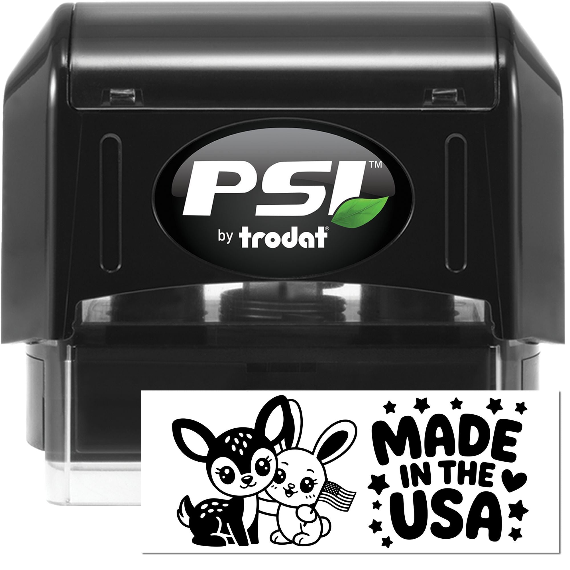 Black PSI by Trodat self-inking stamp with custom seal, featuring a white Made in the USA design and clear base.
