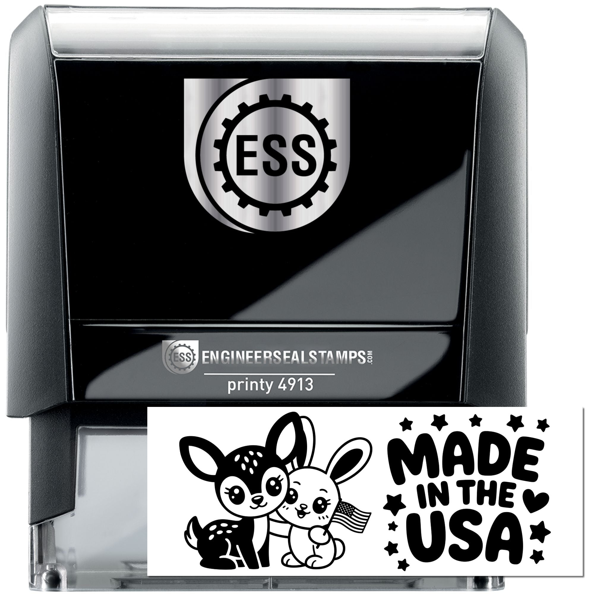 Black self-inking ESS stamp and seal set with silver logo, clear case, and white Made in the USA rabbit design.