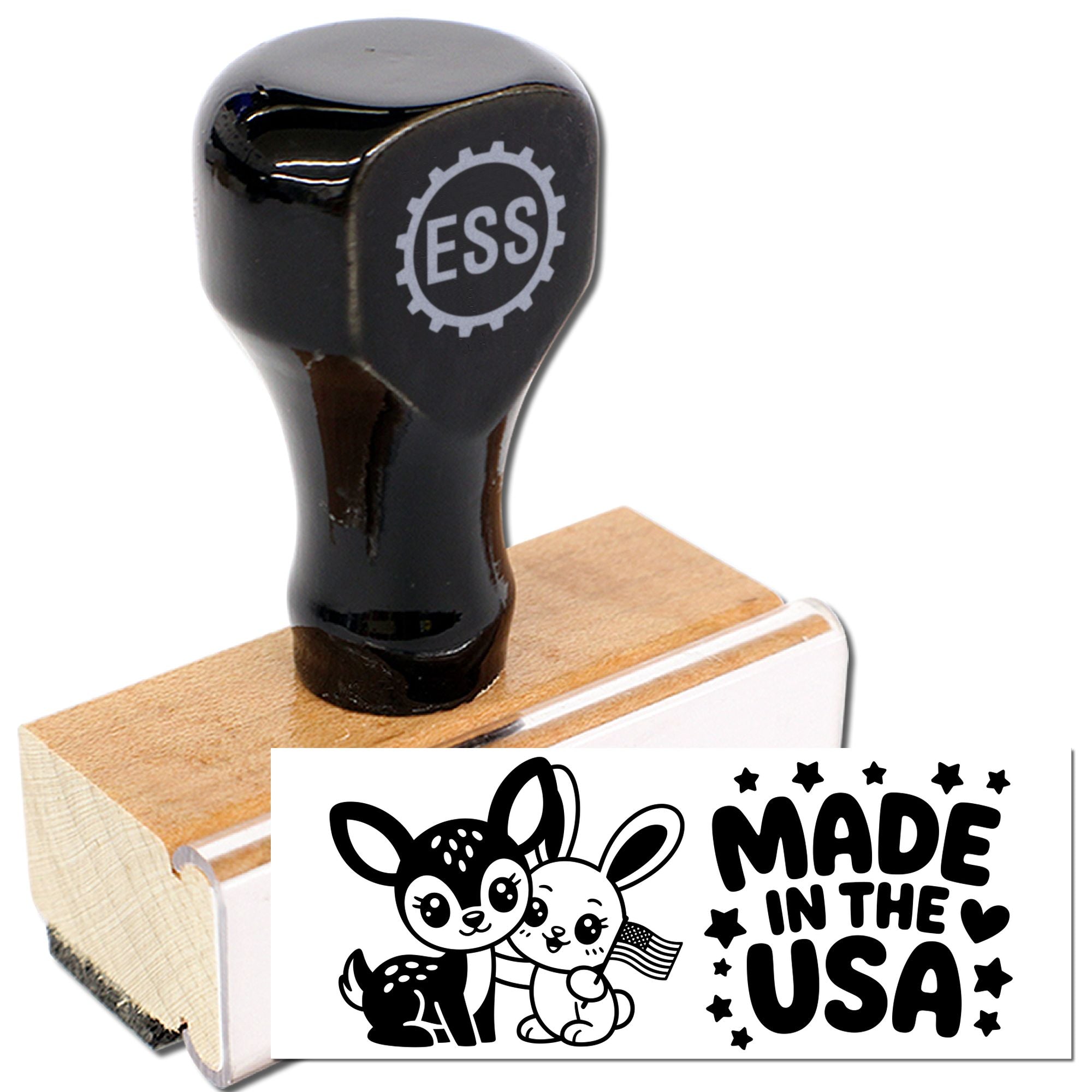 Black ESS stamp on a wooden block with a black Made in the USA seal and cute deer-and-bunny imprint