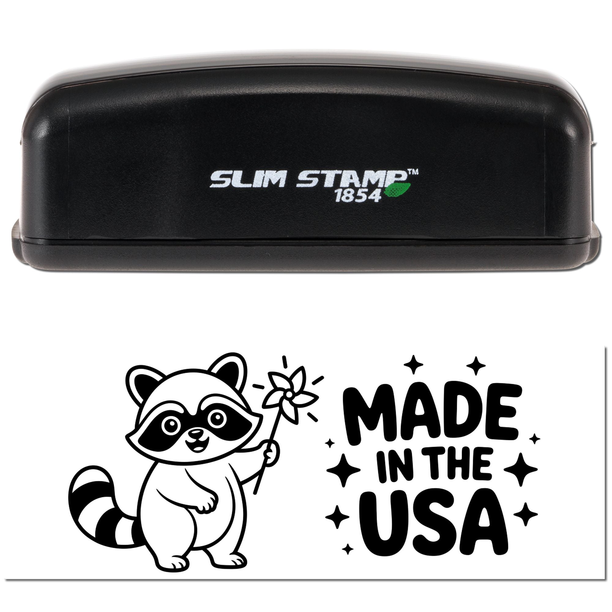 Black Slim Stamp 1854 self-inking stamp and custom seal with raccoon, Made in the USA text, on white background.