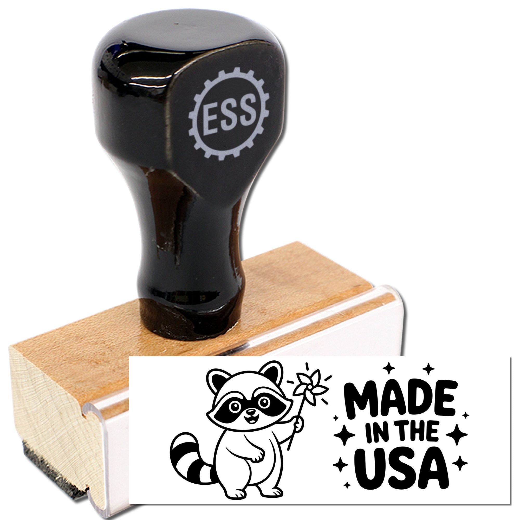 Black ESS stamp on wooden block with custom seal reading Made in the USA and raccoon graphic