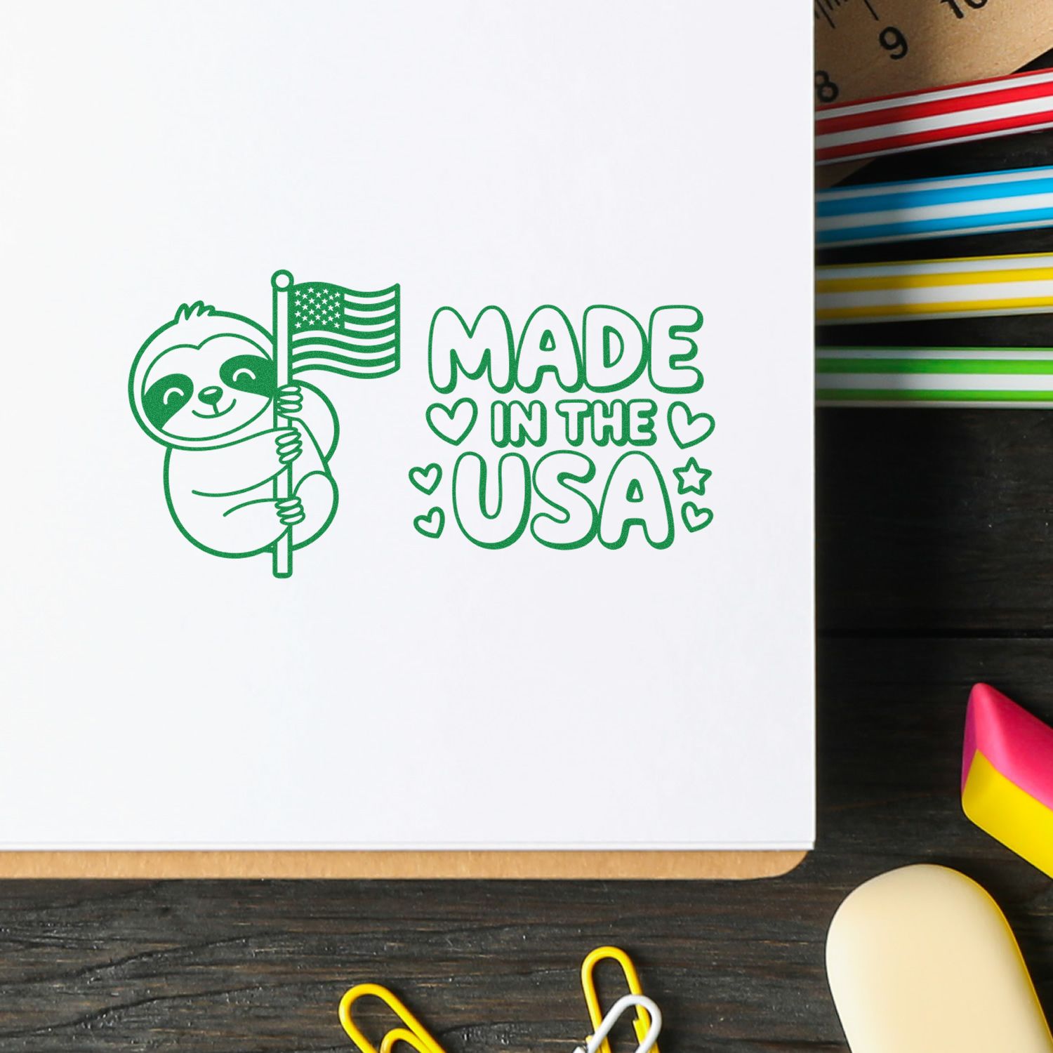 Green Made in the USA stamp and seal with sloth holding an American flag on white sheet.