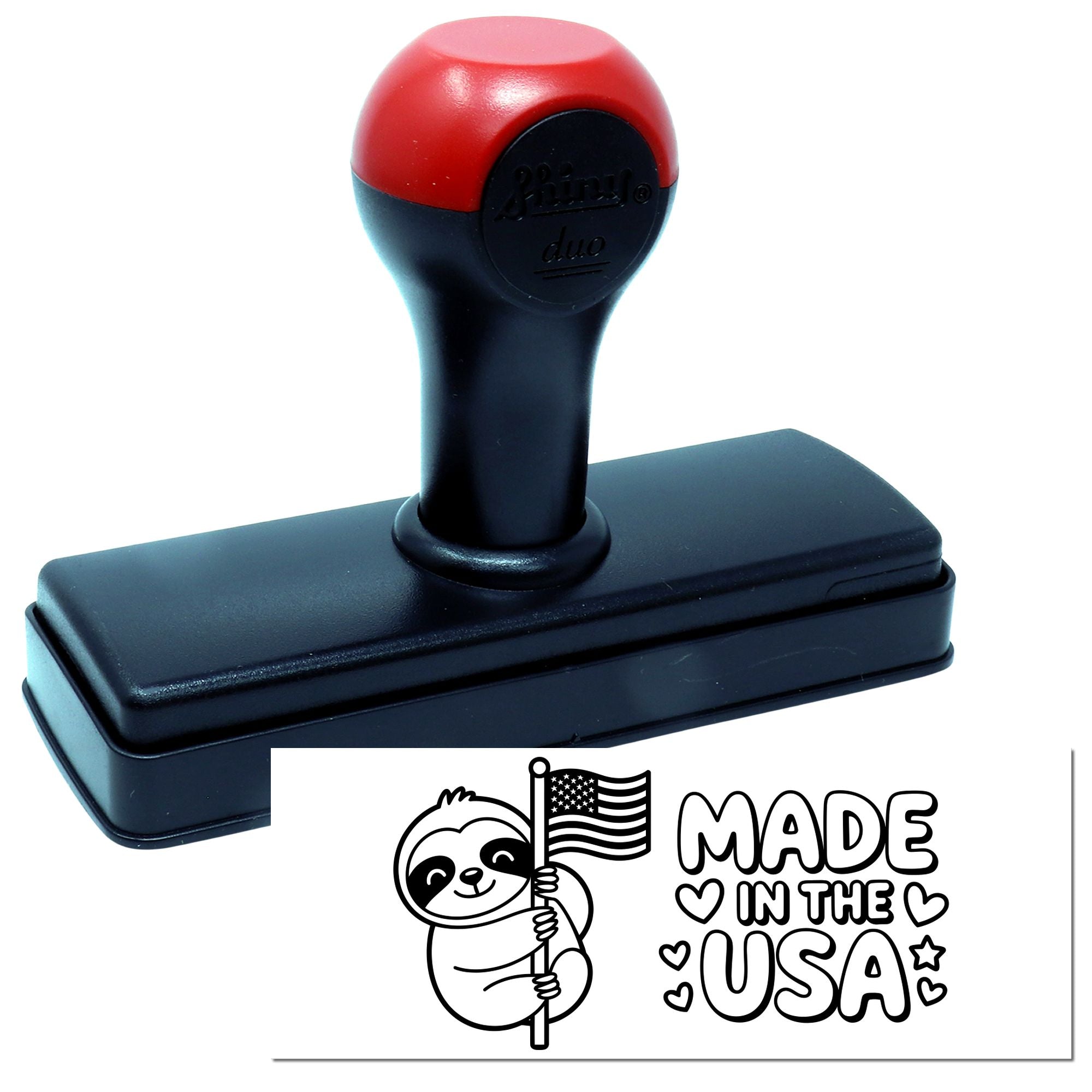 Red and black self-inking stamp and seal with rectangular base, showing a Made in the USA sloth imprint.