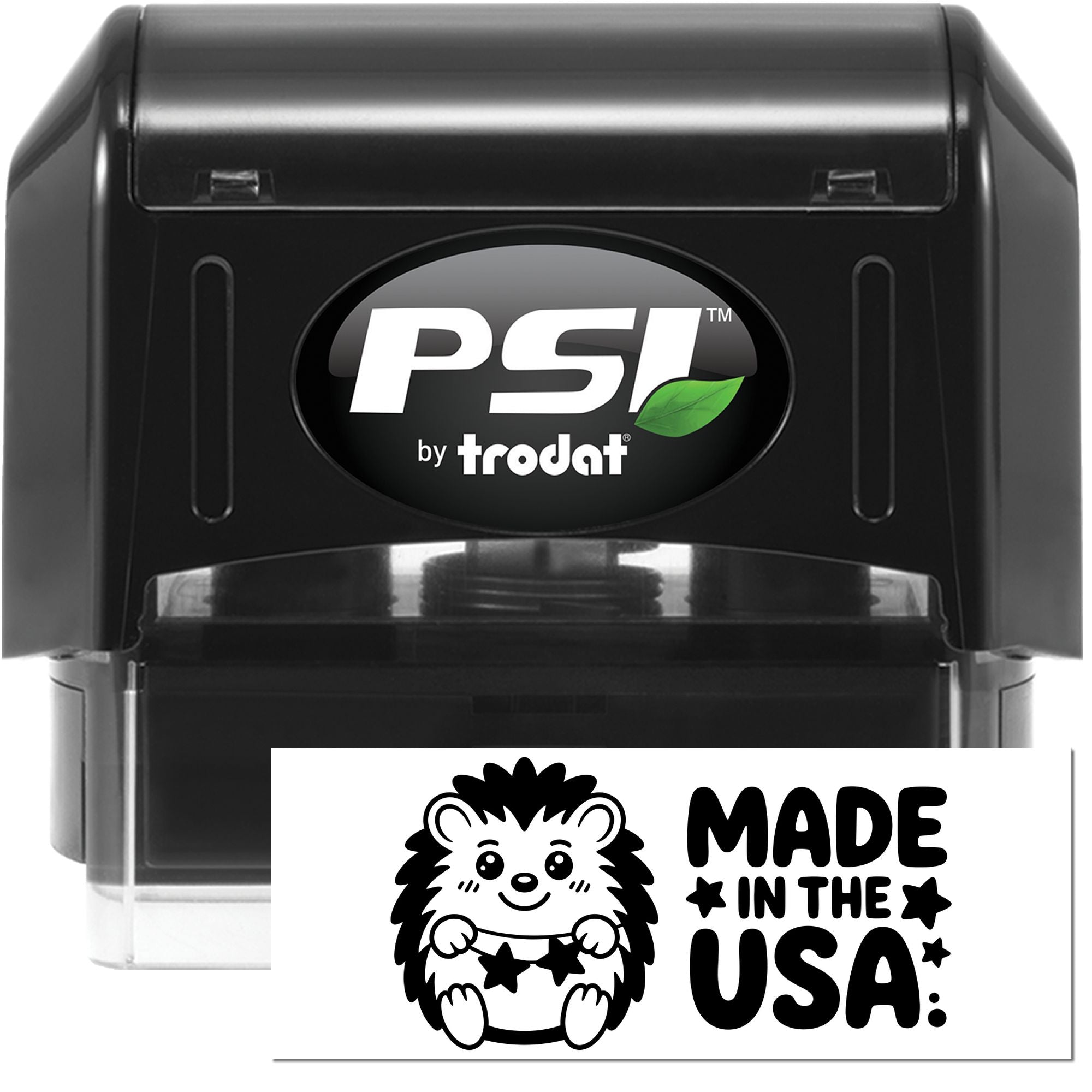 Black PSI by Trodat self-inking stamp, black with green leaf logo, plus Made in the USA seal.
