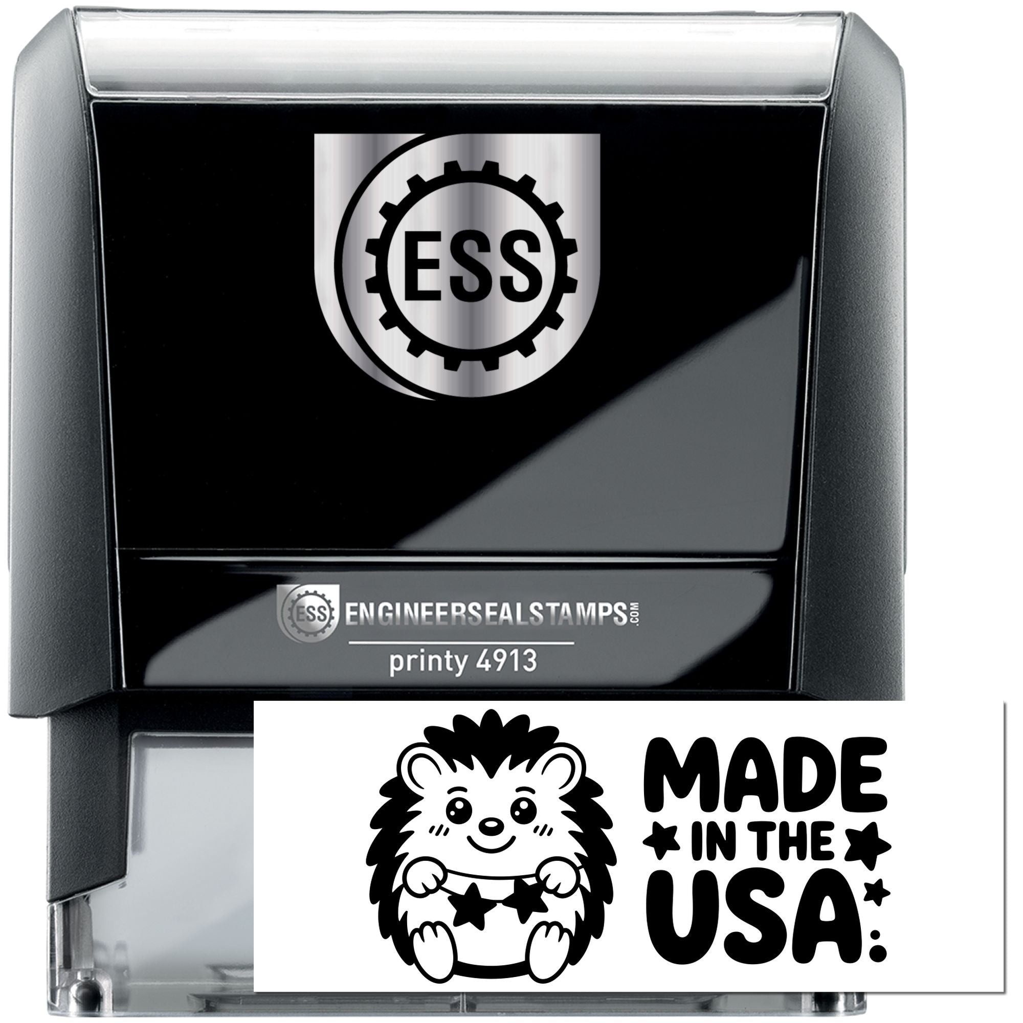 Black self-inking ESS engineer seal stamp, Printy 4913, with silver logo and white hedgehog Made in the USA seal.