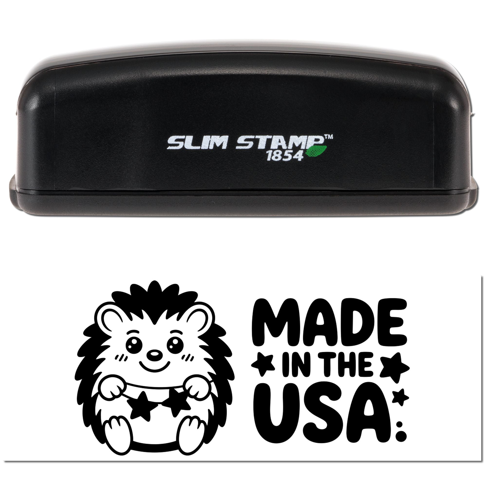 Black Slim Stamp 1854 self-inking stamp and seal with hedgehog graphic and bold Made in the USA text on white.