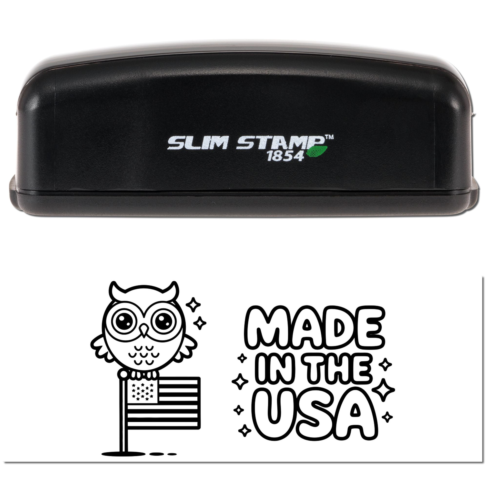 Black Slim Stamp 1854 stamp and seal with owl over U.S. flag and bold Made in the USA text.