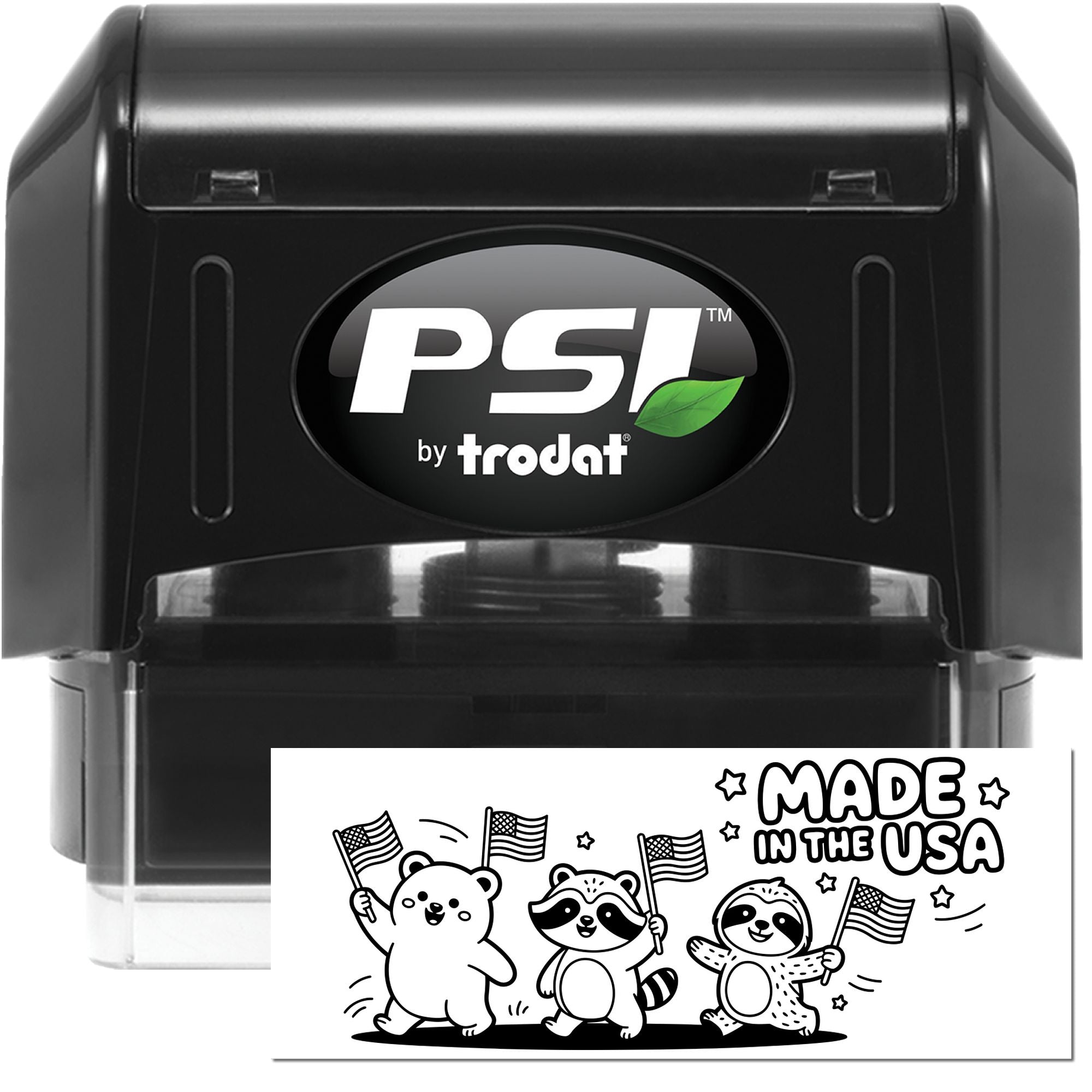 Black self-inking stamp and seal by PSI by Trodat with green leaf logo; white seal impression shows cartoon bears and Made in the USA.