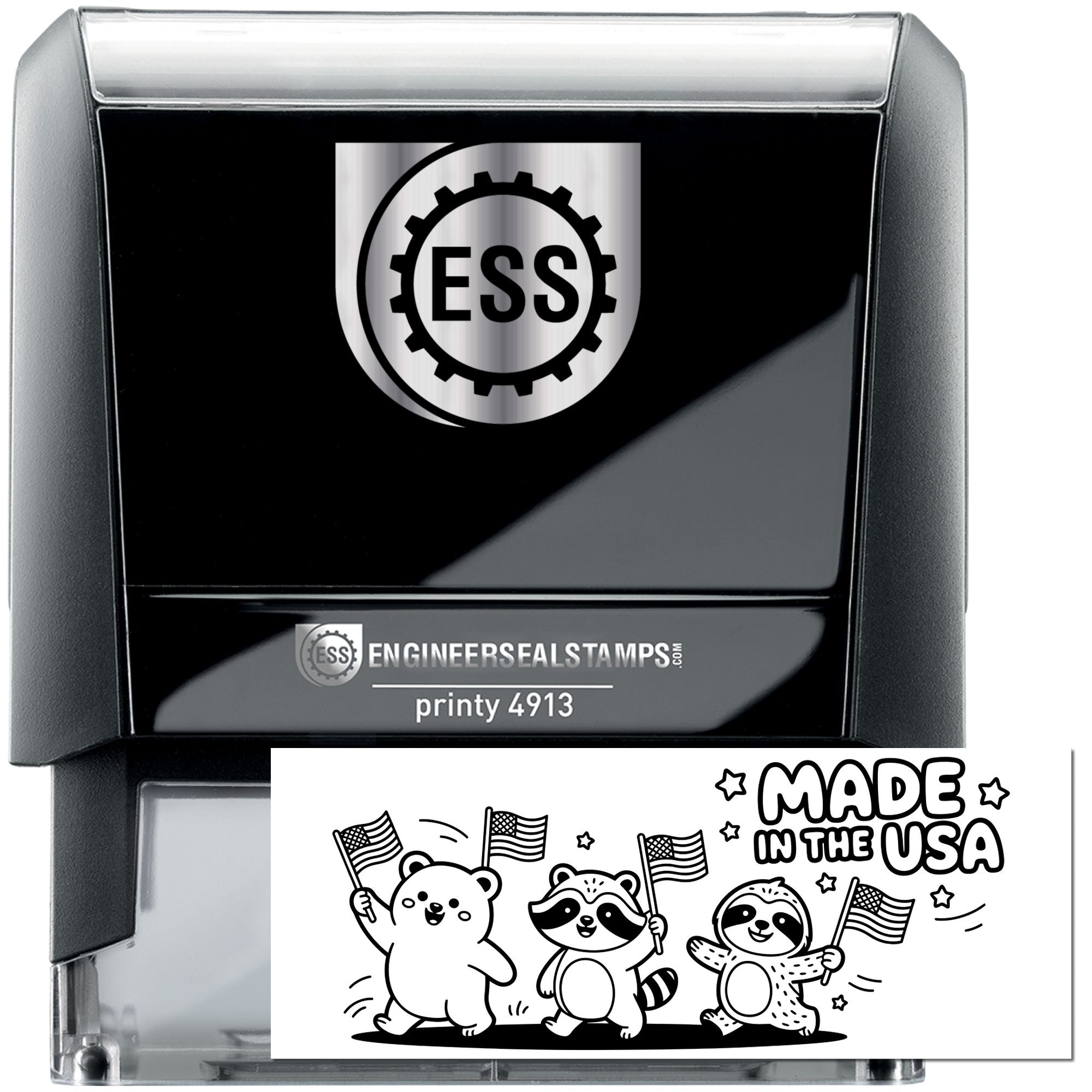 Black self-inking stamp and seal with silver top, ESS logo, and Made in the USA graphic insert.