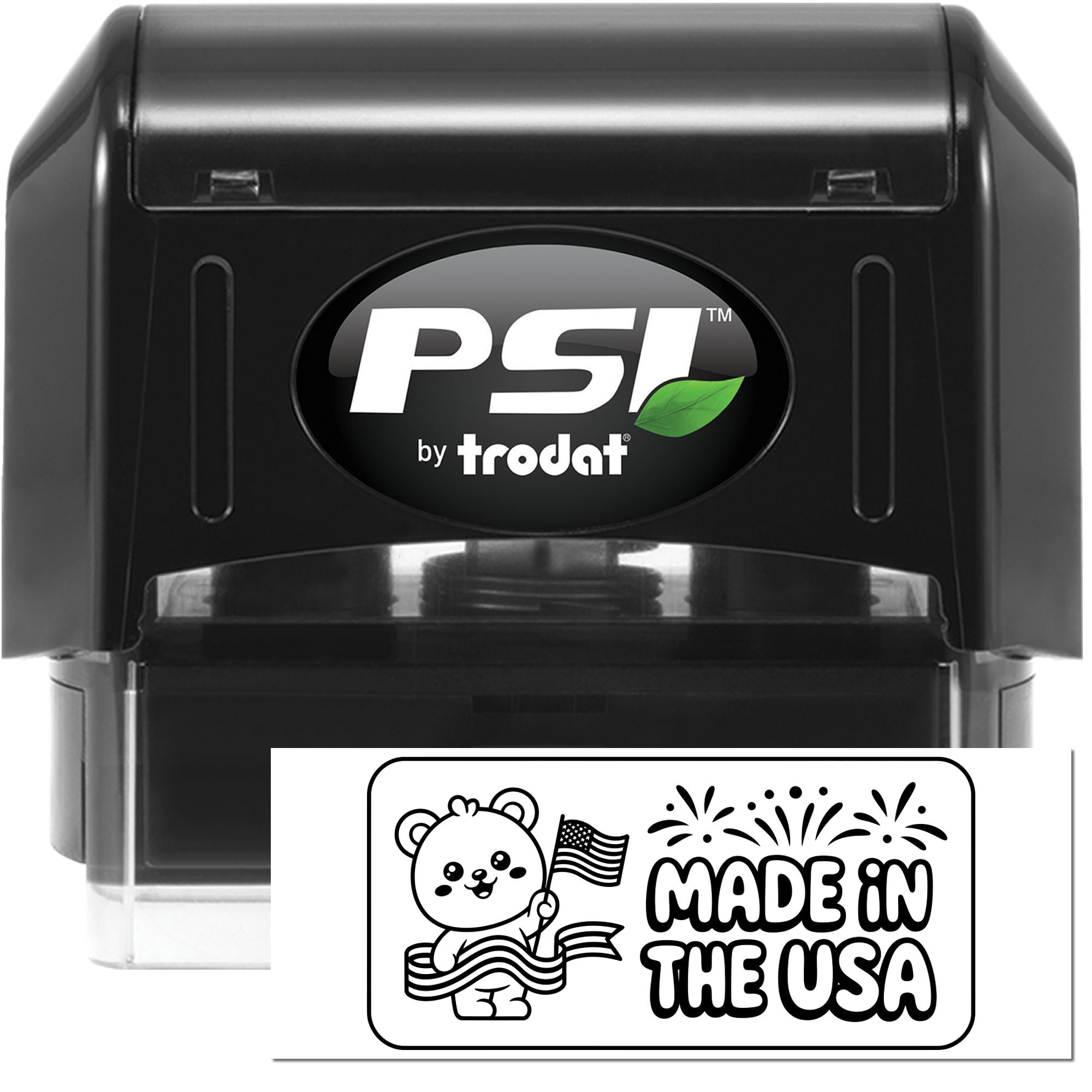 Black PSI by Trodat self-inking stamp with clear base and a USA-made seal featuring a bear, flag, and Made in the USA text.