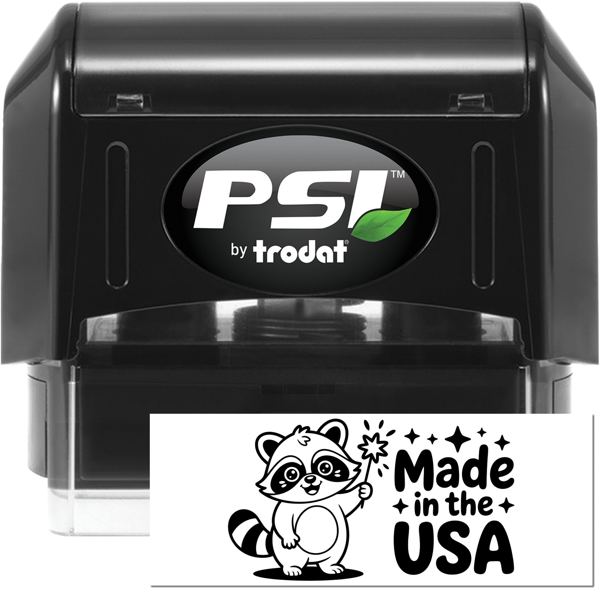 Black PSI by Trodat self-inking stamp with clear casing and white Made in the USA seal featuring a raccoon.