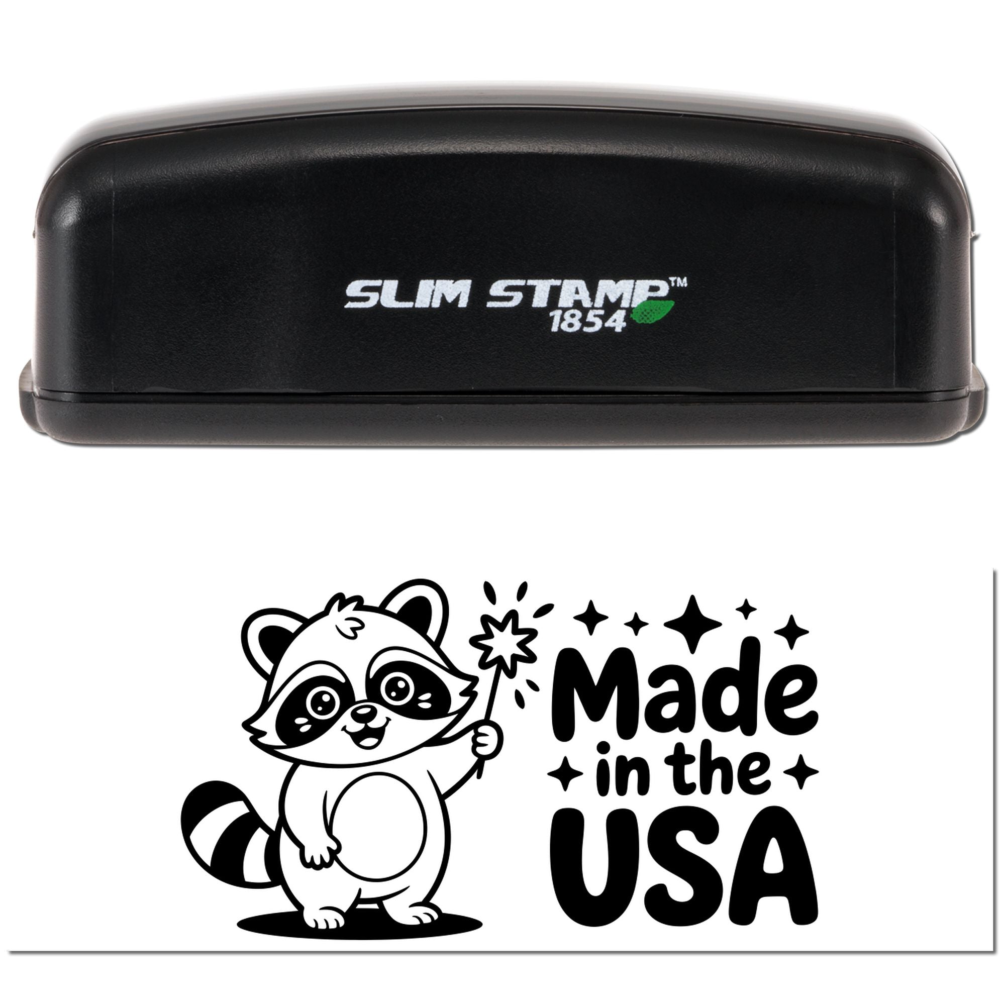 Black Slim Stamp 1854 seal stamp with raccoon and Made in the USA design on a white background.