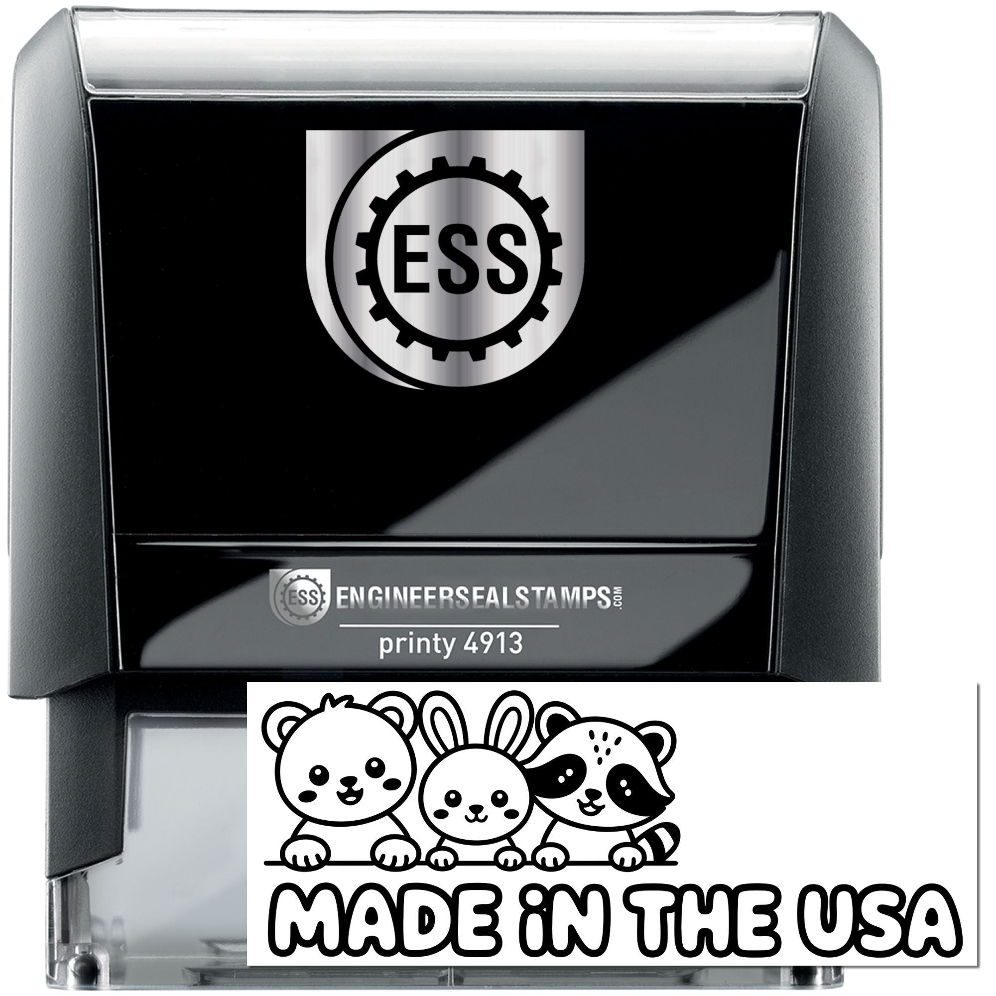 Black self-inking ESS stamp and seal with silver logo, Printy 4913, and Made in the USA bear design.