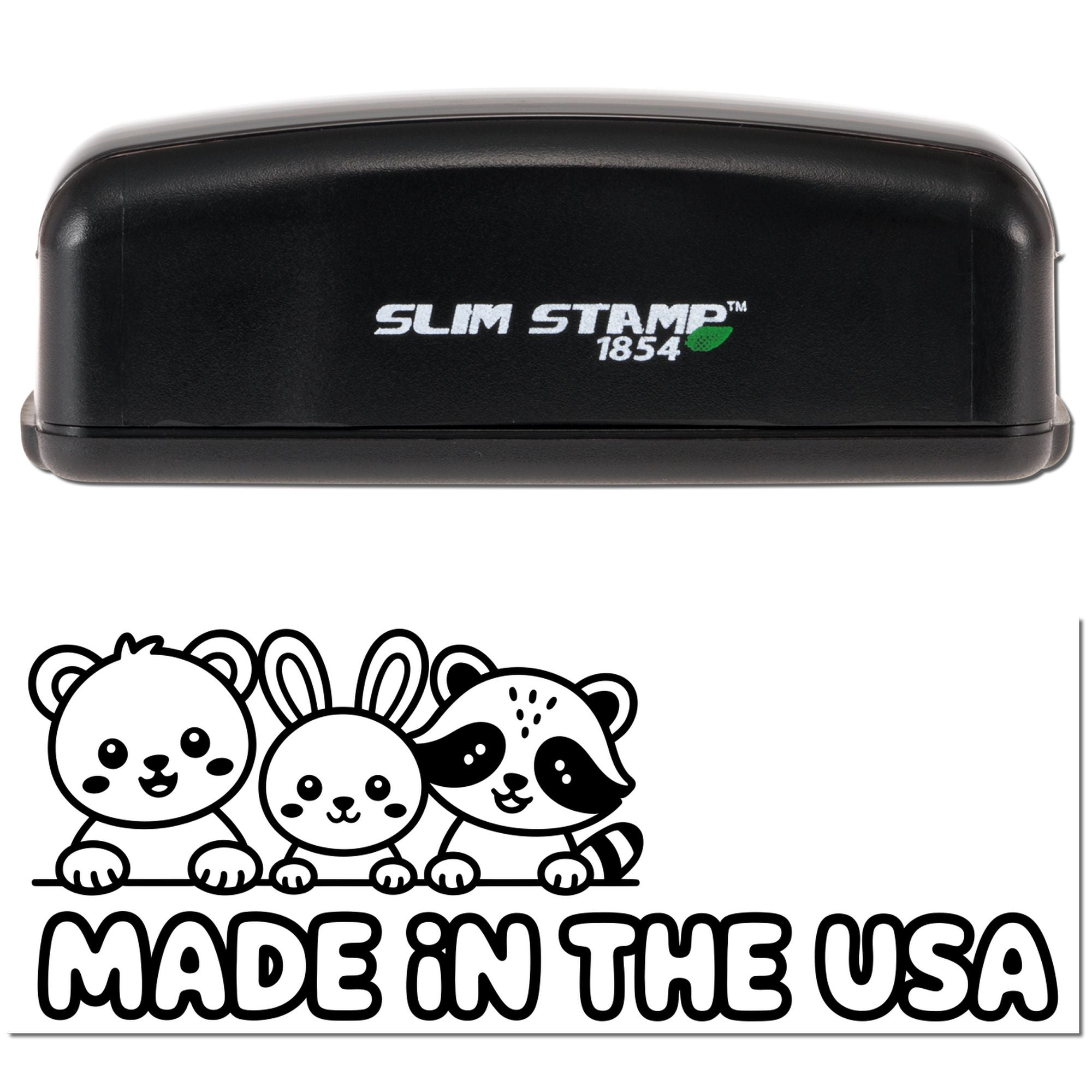 Black Slim Stamp 1854 stamp and seal with cute bear, bunny and raccoon design, black and white, Made in the USA.