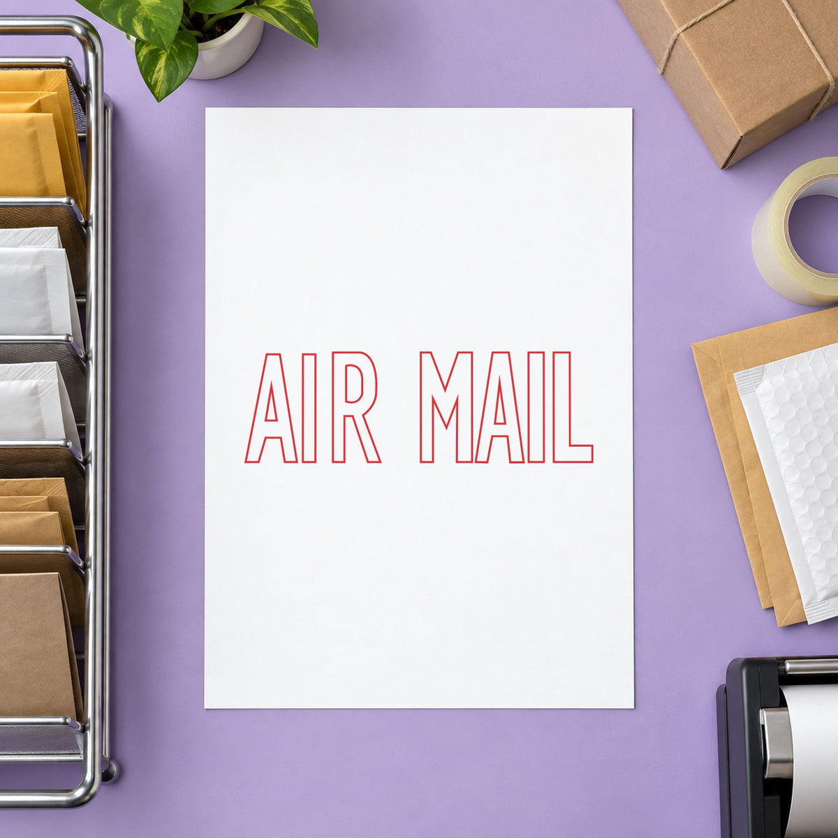 Pre-inked "Air mail" stamp marking paperwork in an office setting