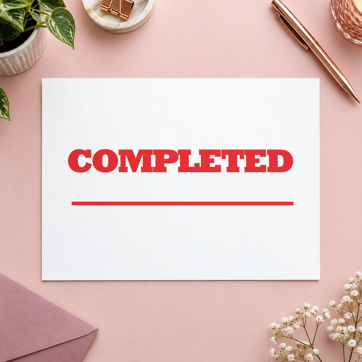"Completed" imprint sized 1/2 x 1-5/8 in on a document page