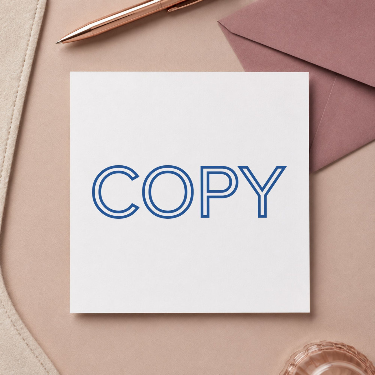 Pre-inked "Copy" stamp marking paperwork in an office setting