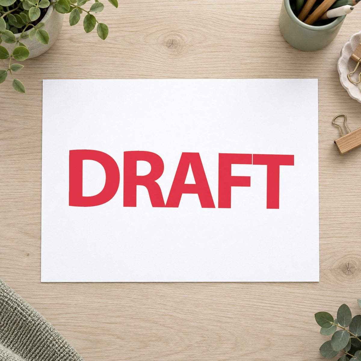 Pre-inked "Draft" stamp applied to a document, Approximately 1/2 in tall x 1-5/8 in wide impression