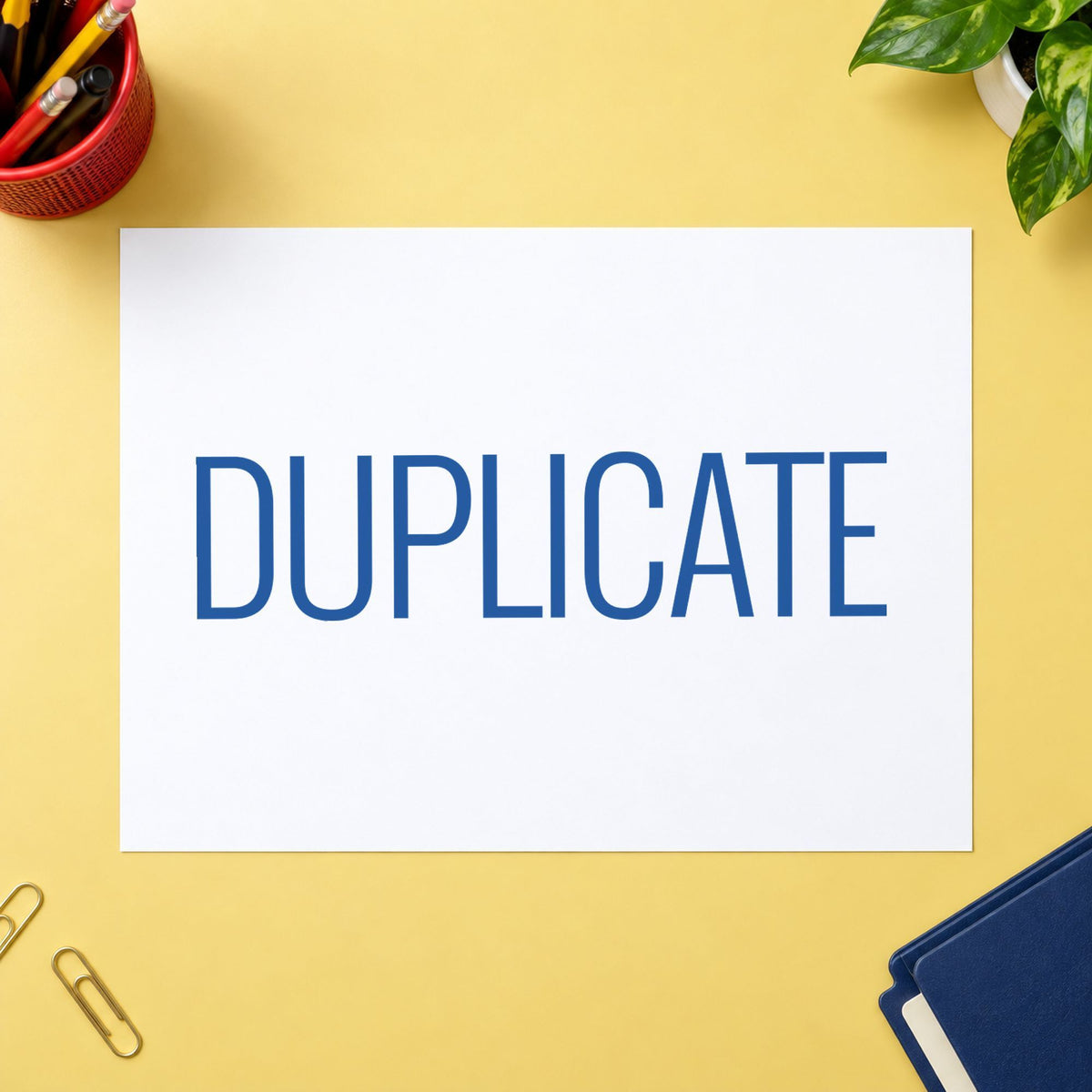 Pre-inked "Duplicate" stamp marking paperwork in an office setting