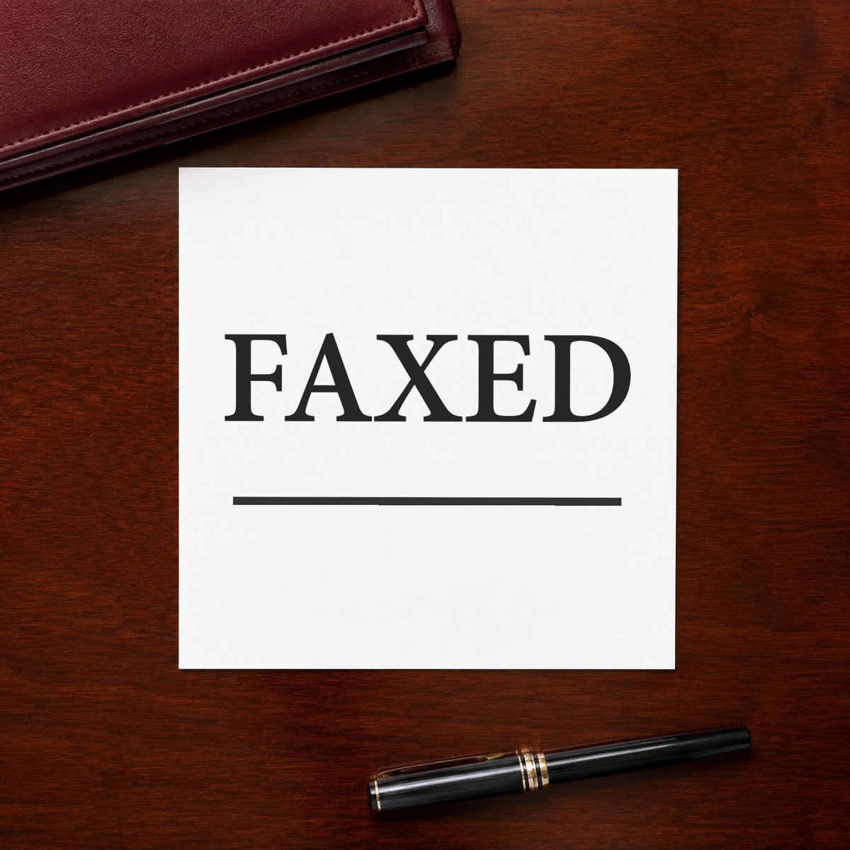 Pre-inked "Faxed" stamp applied to a document, Approximately 1/2 in tall x 1-5/8 in wide impression