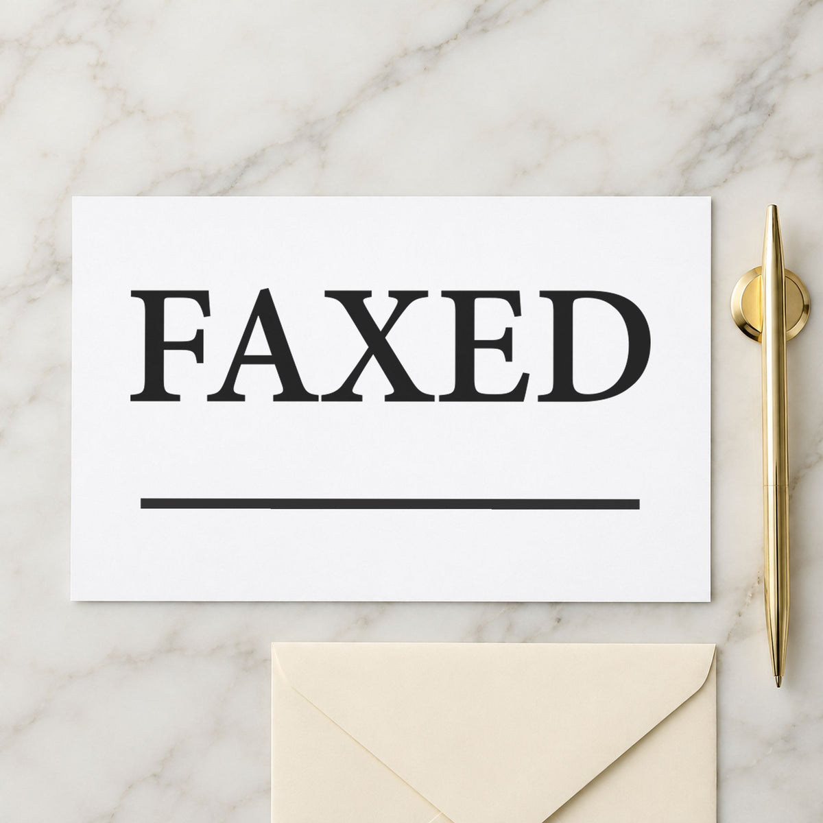 Pre-inked "Faxed" stamp marking paperwork in an office setting