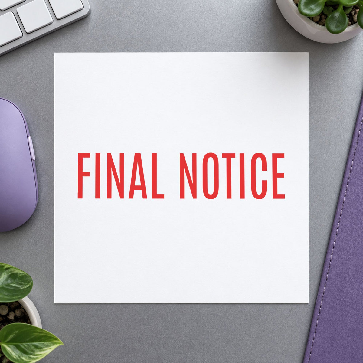 Pre-inked "Final notice" stamp marking paperwork in an office setting
