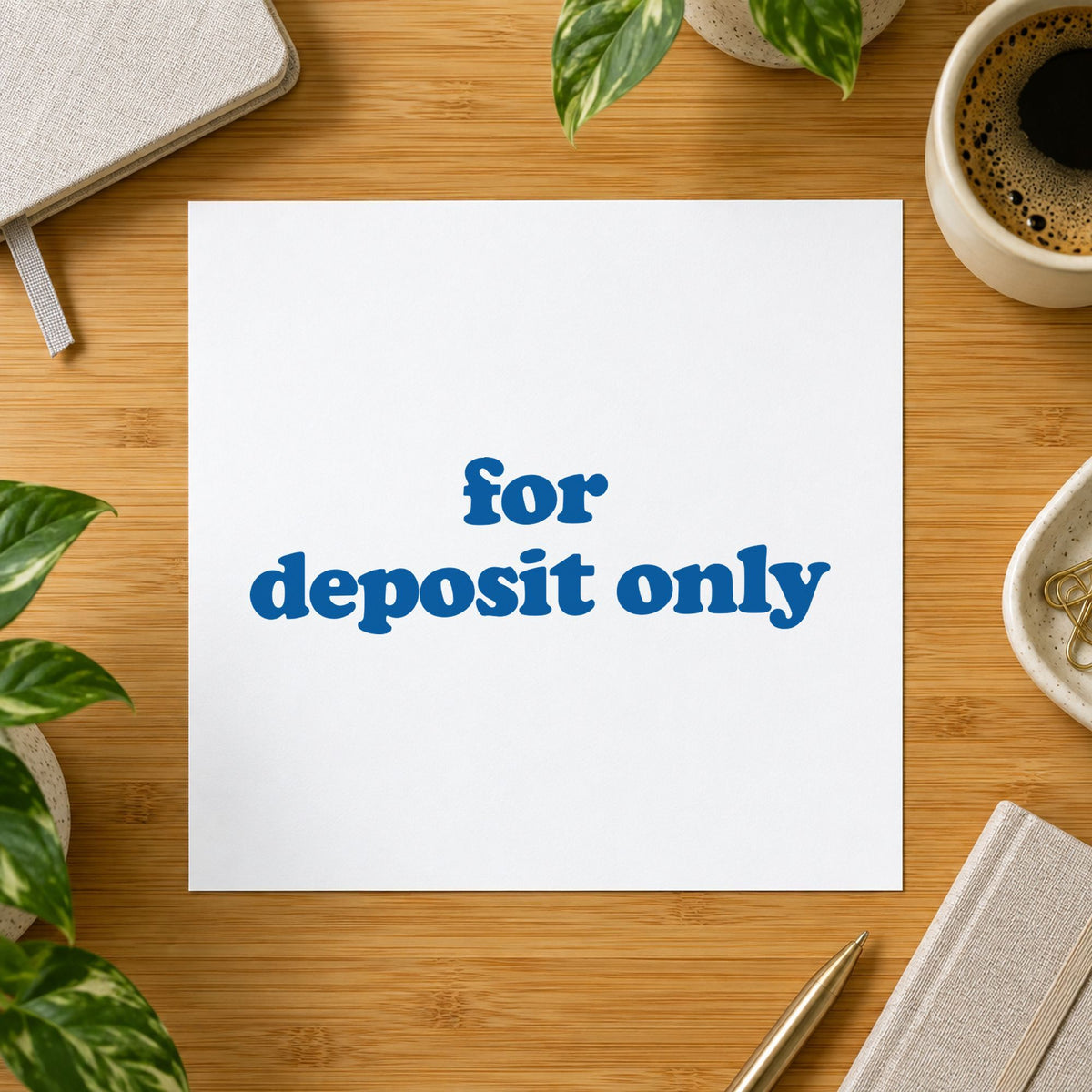 "For deposit only" imprint on a printed page, Xstamper No. 1333