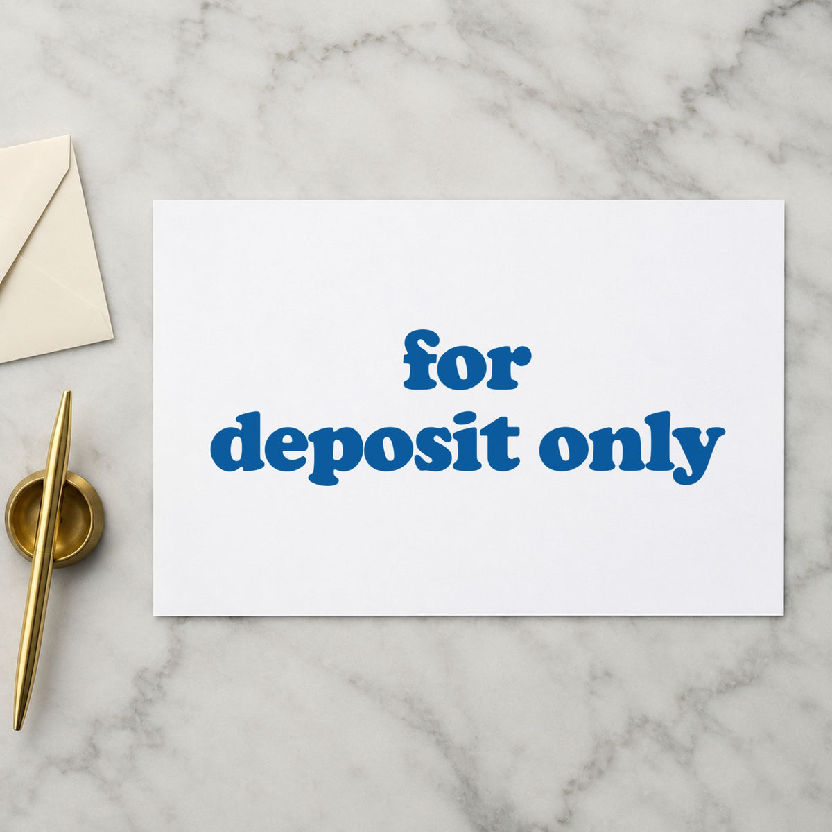 "For deposit only" Xstamper pre-inked stamp beside its rectangle imprint