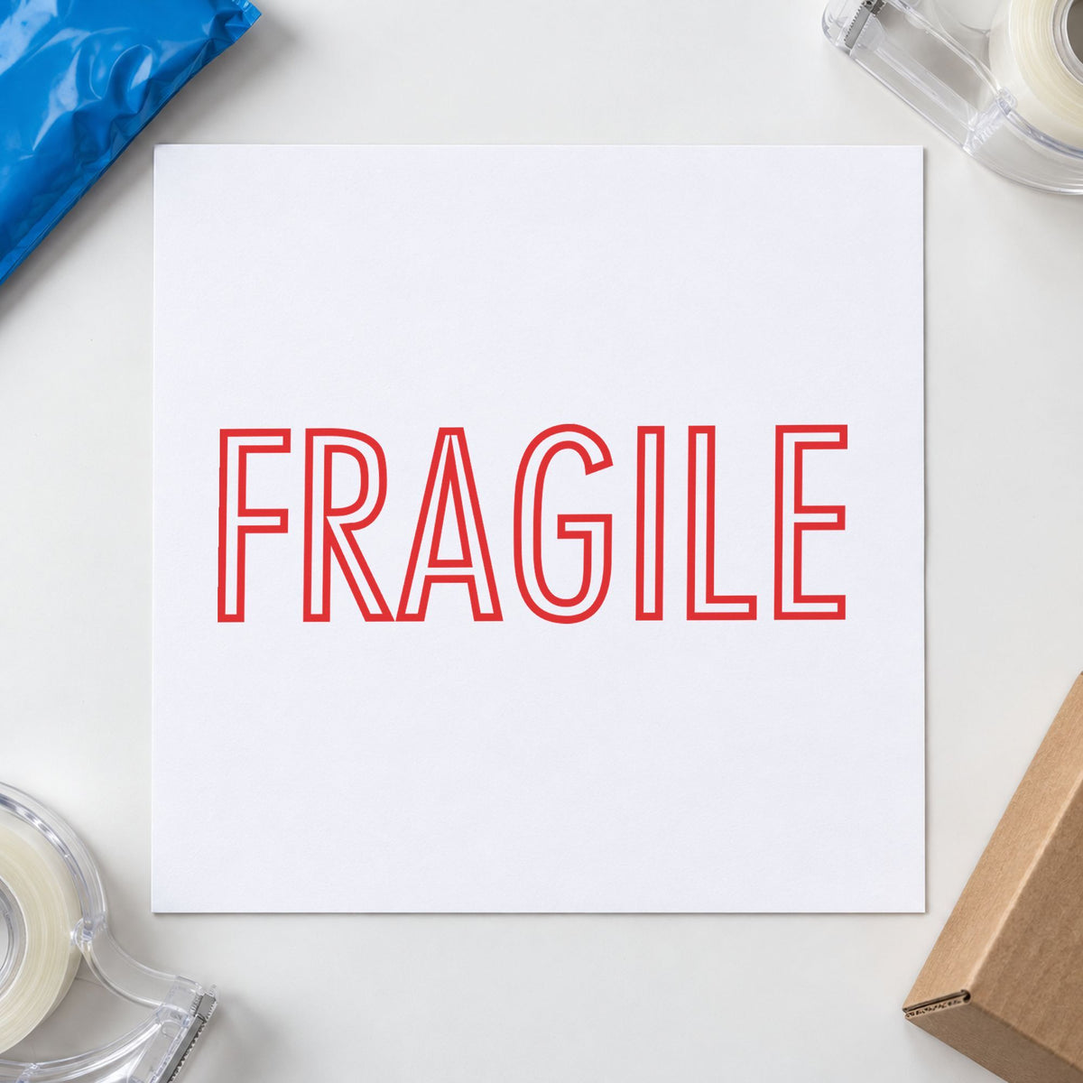 Pre-inked "Fragile" stamp applied to a document, Approximately 1/2 in tall x 1-5/8 in wide impression