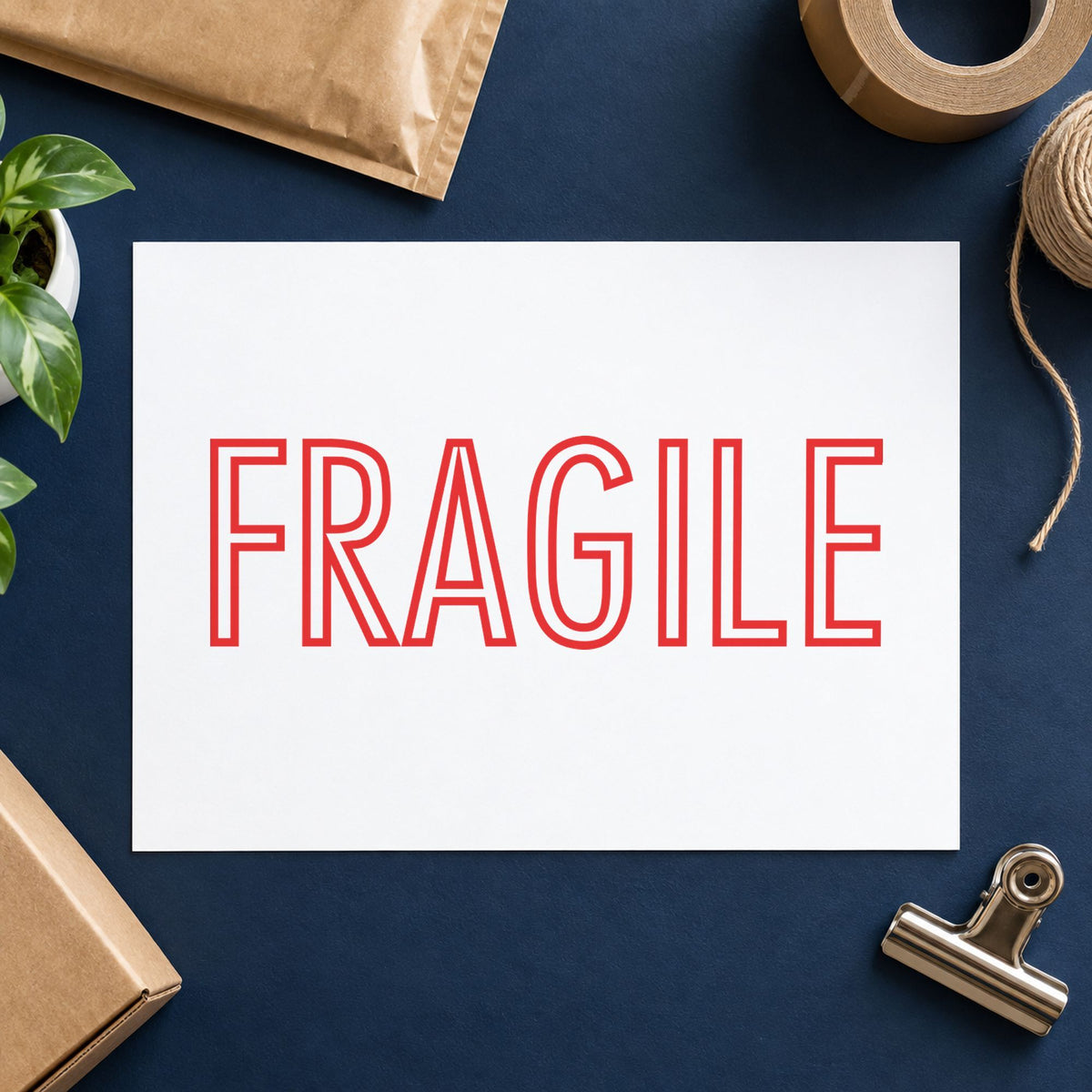 Pre-inked "Fragile" stamp marking paperwork in an office setting
