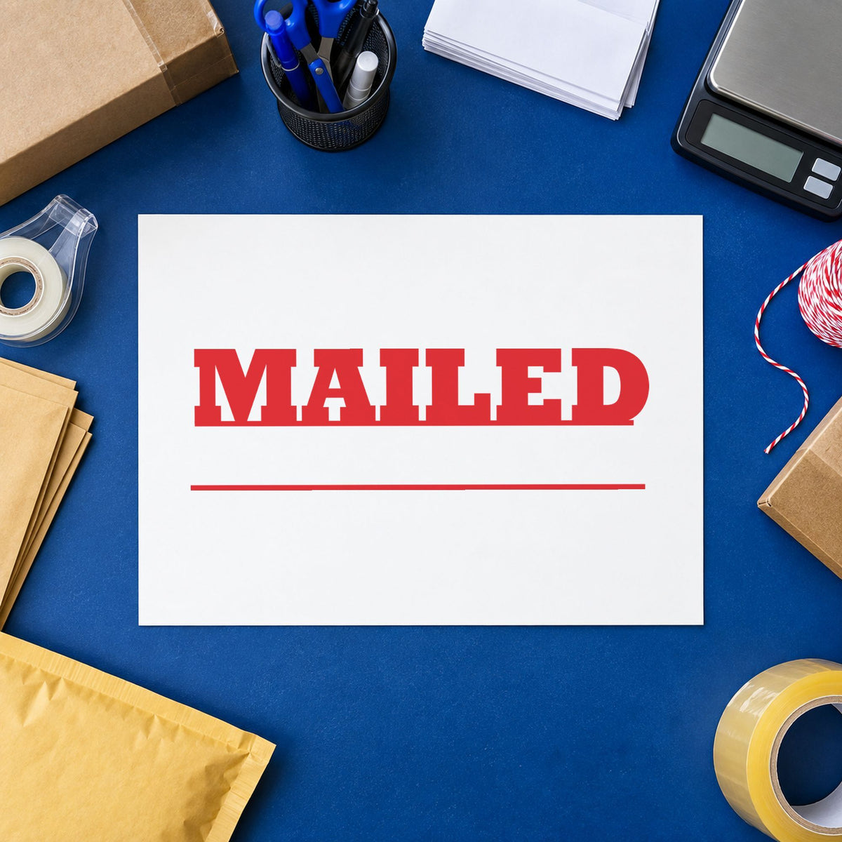 "Mailed" stamp pressed on paper, no separate ink pad needed
