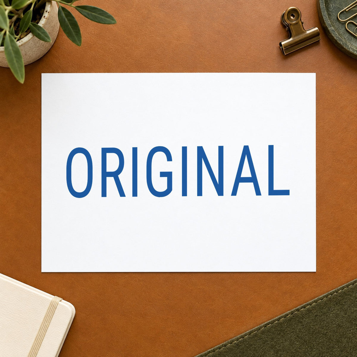 "Original" Xstamper pre-inked stamp beside its rectangle imprint