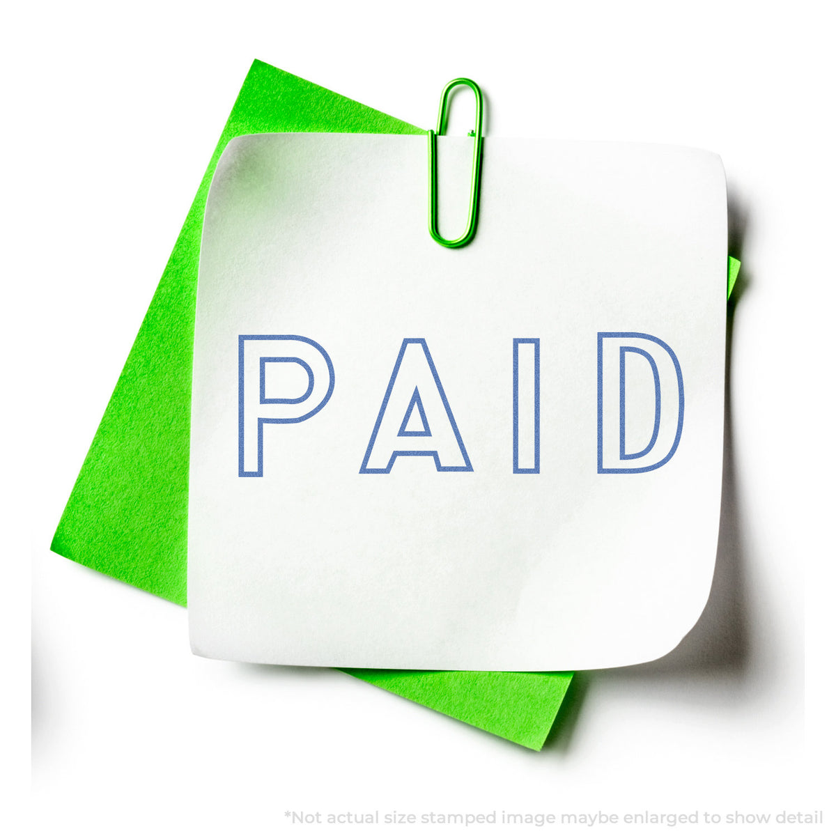 "Paid" stamp and its crisp Approximately 1/2 in tall x 1-5/8 in wide impression on paper