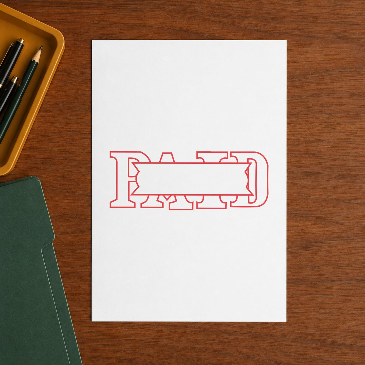 Pre-inked "Paid" stamp marking paperwork in an office setting
