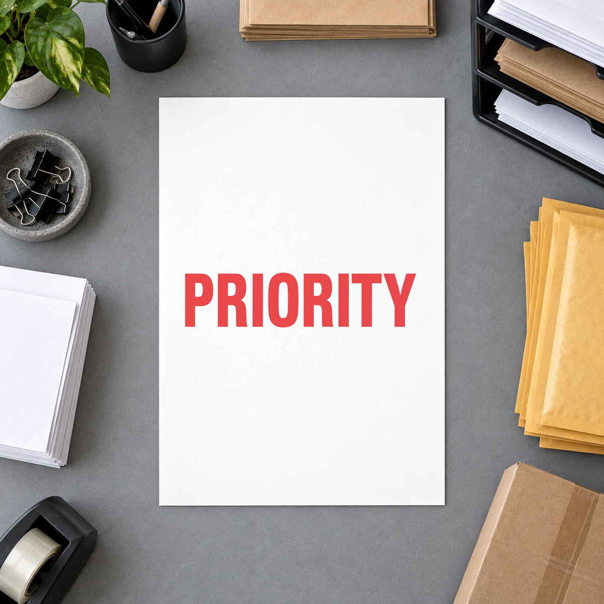 "Priority" stamp pressed on paper, no separate ink pad needed