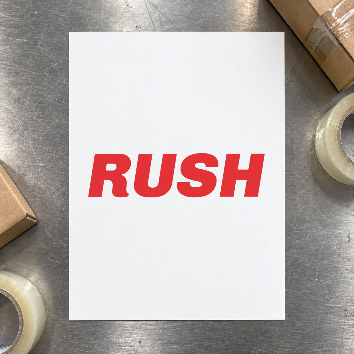"Rush" stamp pressed on paper, no separate ink pad needed