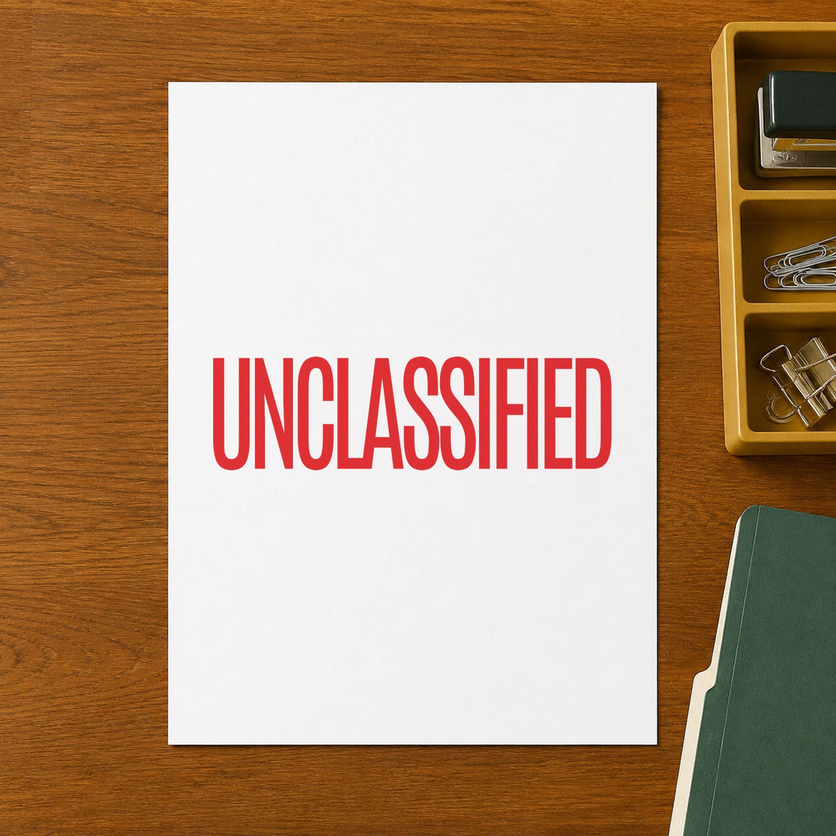 "Unclassified" imprint on a printed page, Xstamper No. 1042