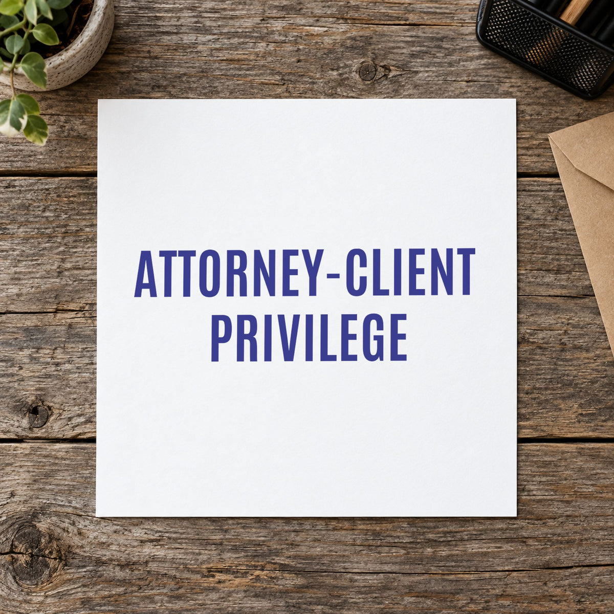 Pre-inked "Attorney-client privilege" stamp marking paperwork in an office setting