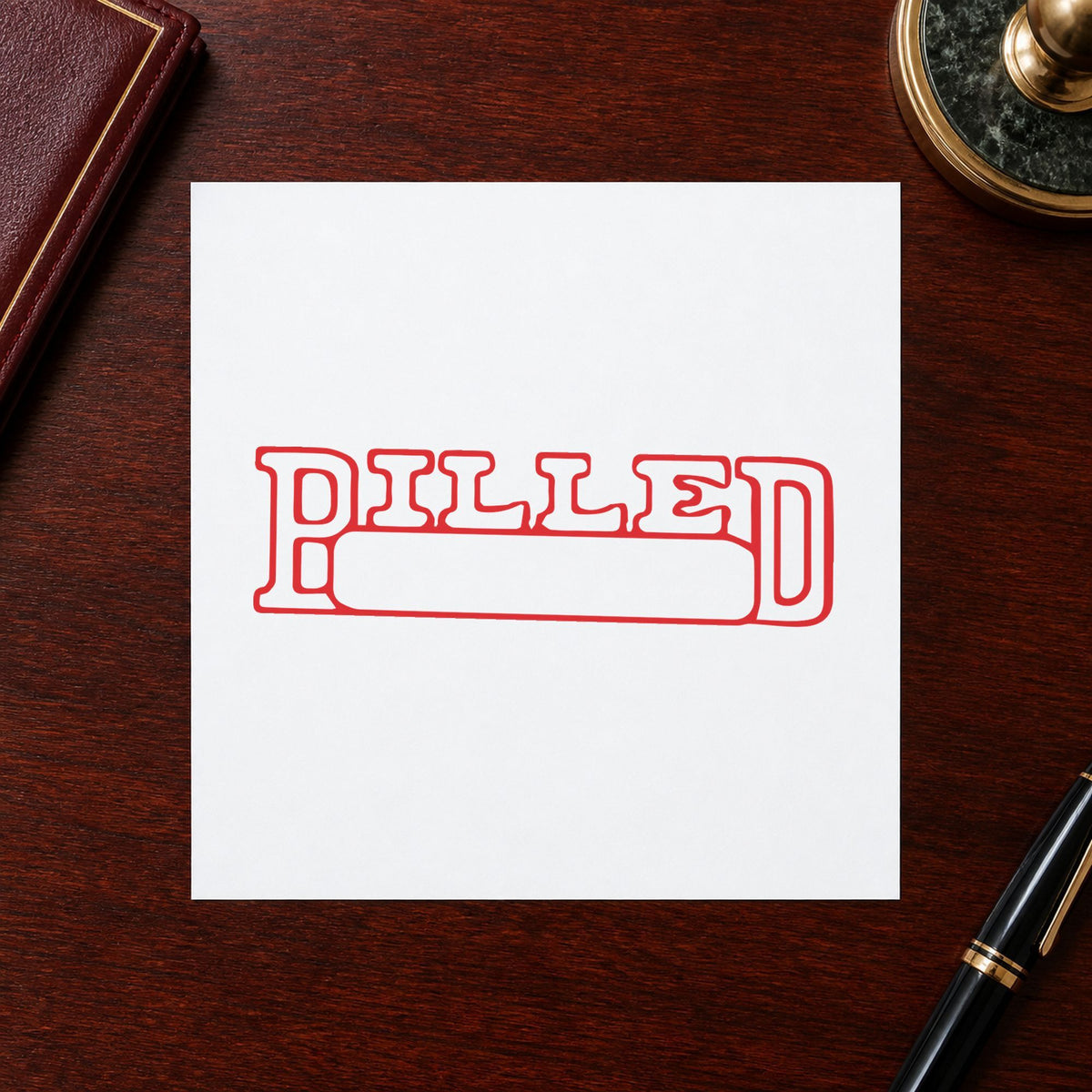 Pre-inked "Billed" stamp applied to a document, Approximately 1/2 in tall x 1-5/8 in wide impression