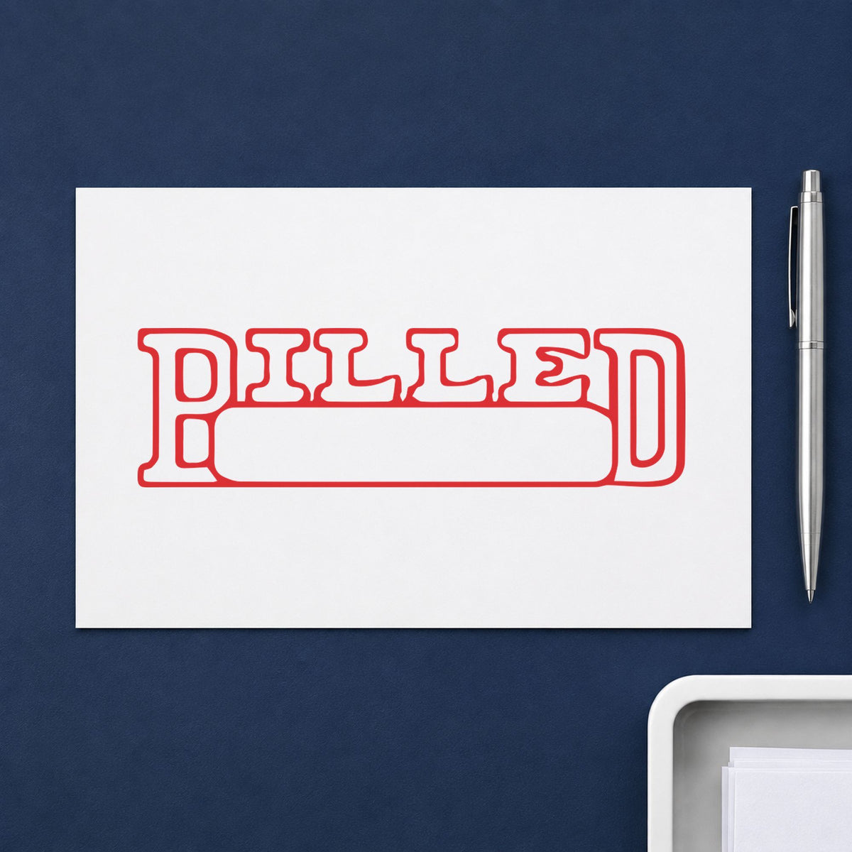 Pre-inked "Billed" stamp marking paperwork in an office setting