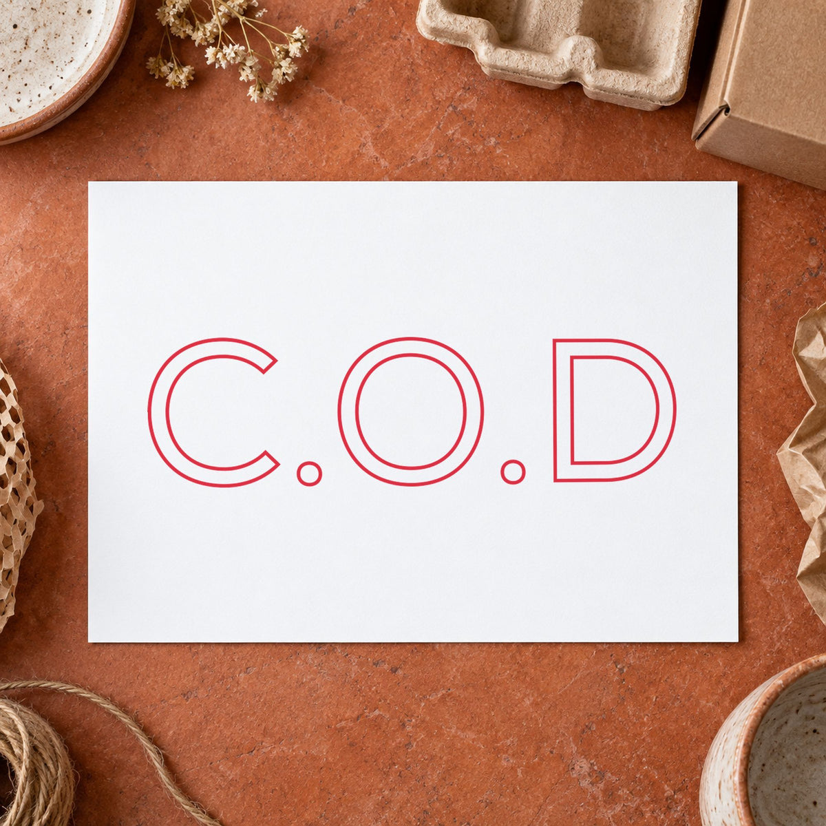 Pre-inked "C.O.D." stamp applied to a document, Approximately 1/2 in tall x 1-5/8 in wide impression