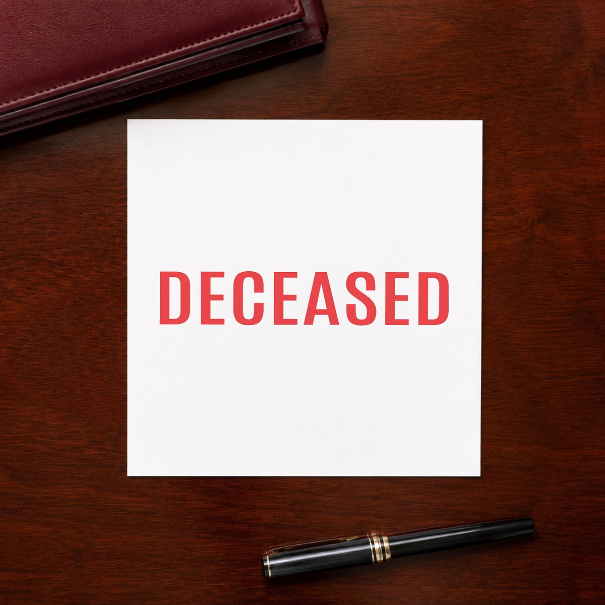 "Deceased" Xstamper stamp at work on everyday office paperwork