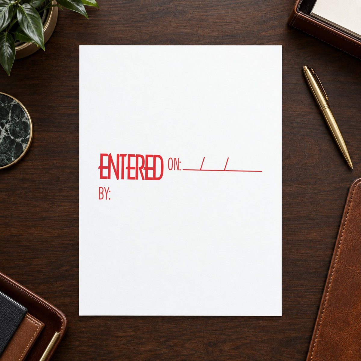 "Entered on: by:" imprint on a printed page, Xstamper No. 1822