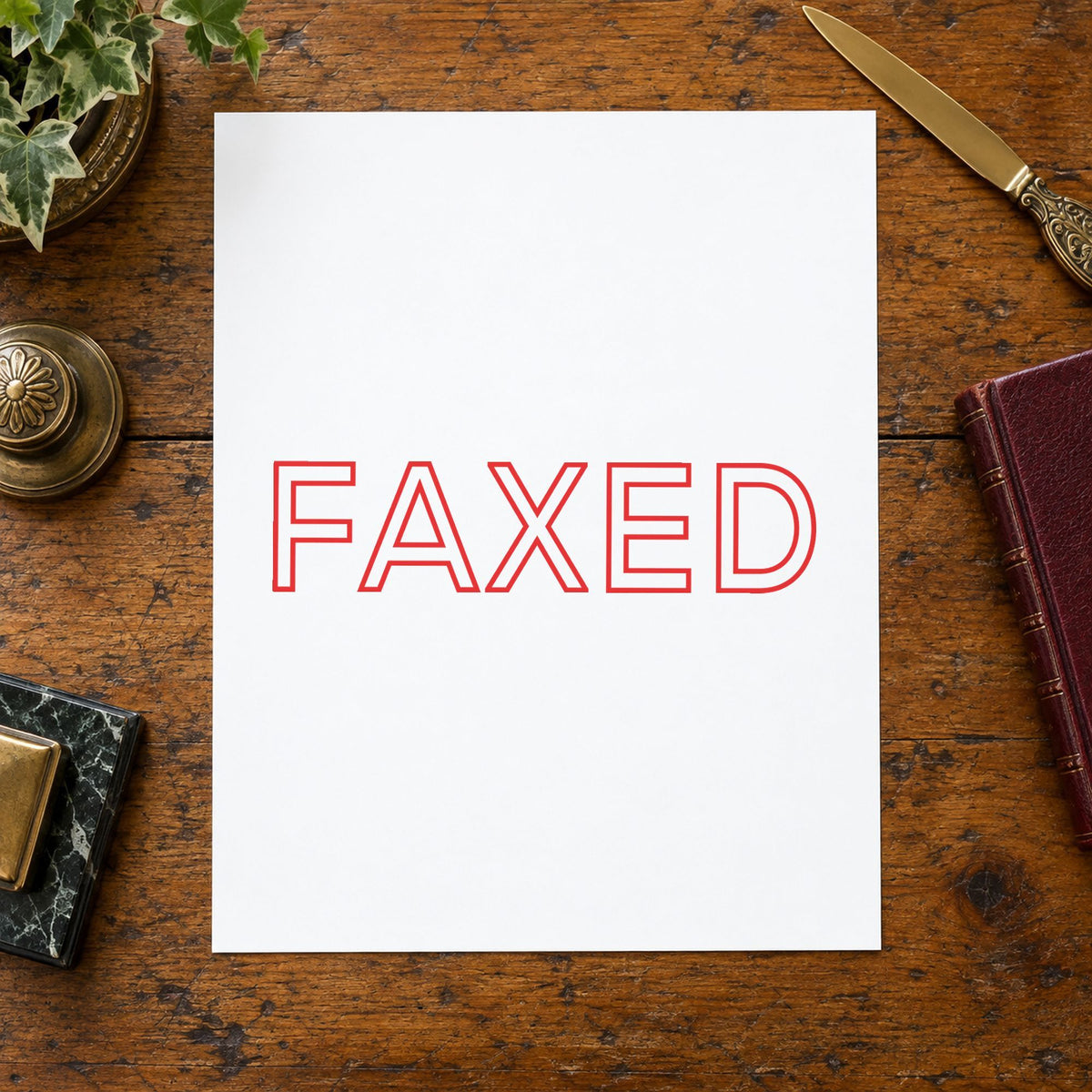 "Faxed" Xstamper pre-inked stamp beside its rectangle imprint