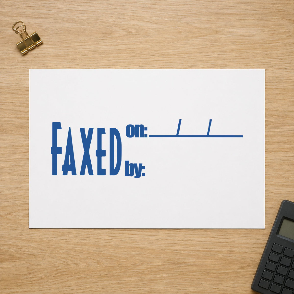 "Faxed on: by:" Xstamper No. 1820 stamp shown in everyday handling